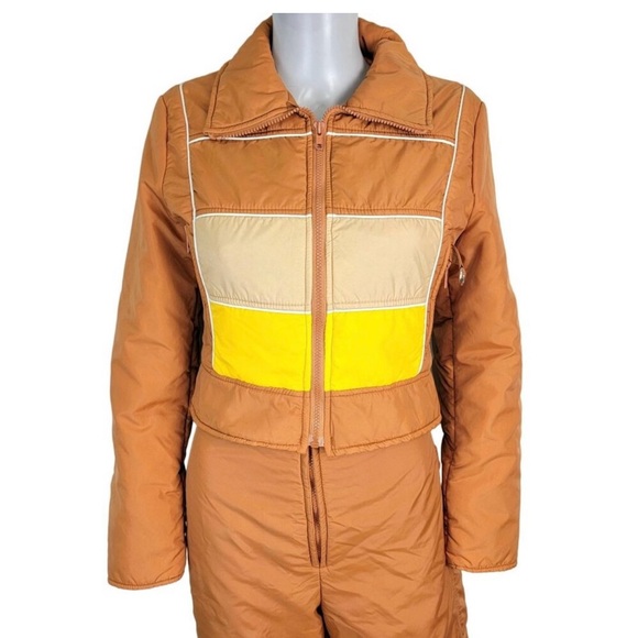 Subello Vintage 70s Ski Set Women 8 Orange Yellow Jacket Snow Bib Flare Pants M - Picture 6 of 16